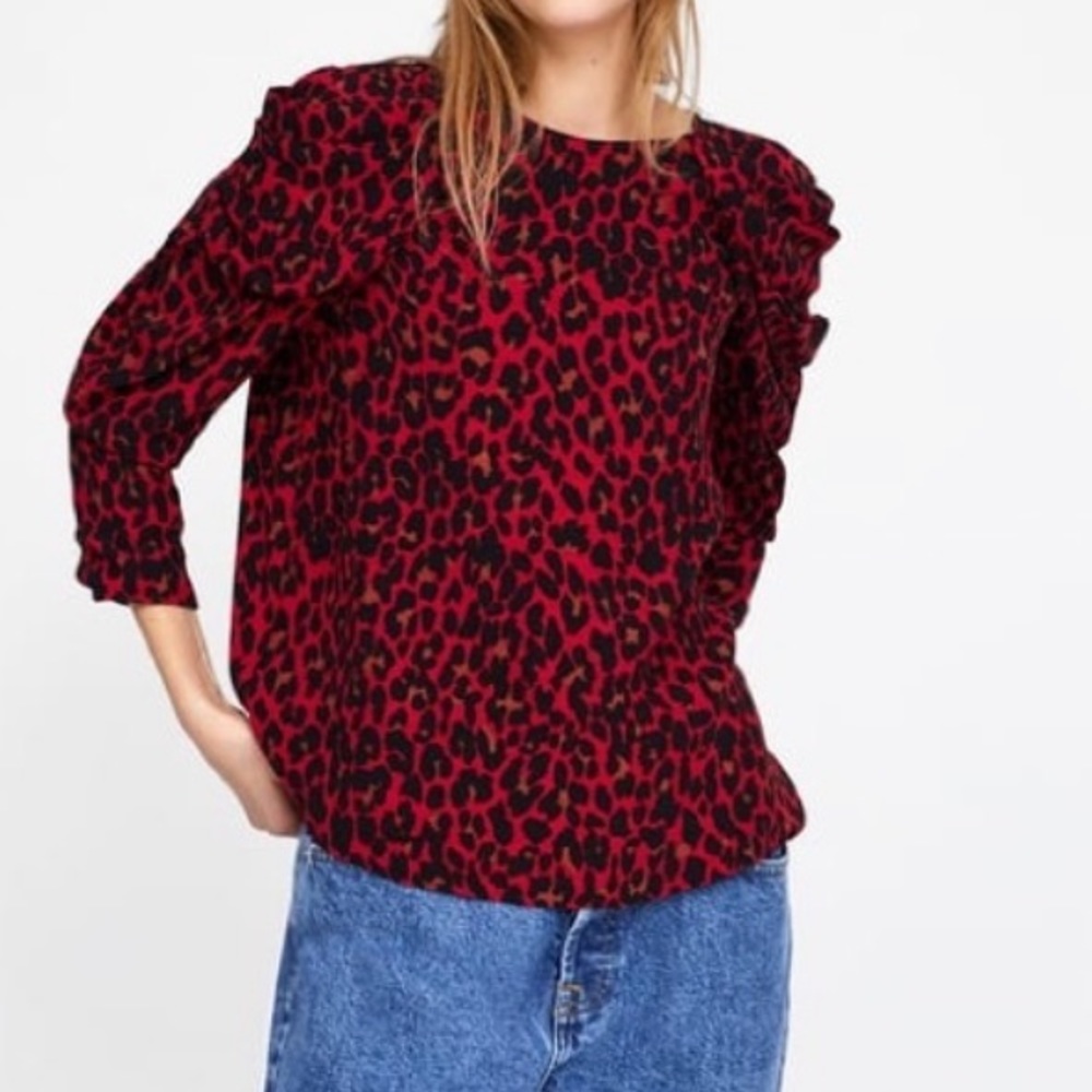 ZARA Red Animal Print Top Layered Puff Sleeve Boxy Fit Blouse XS